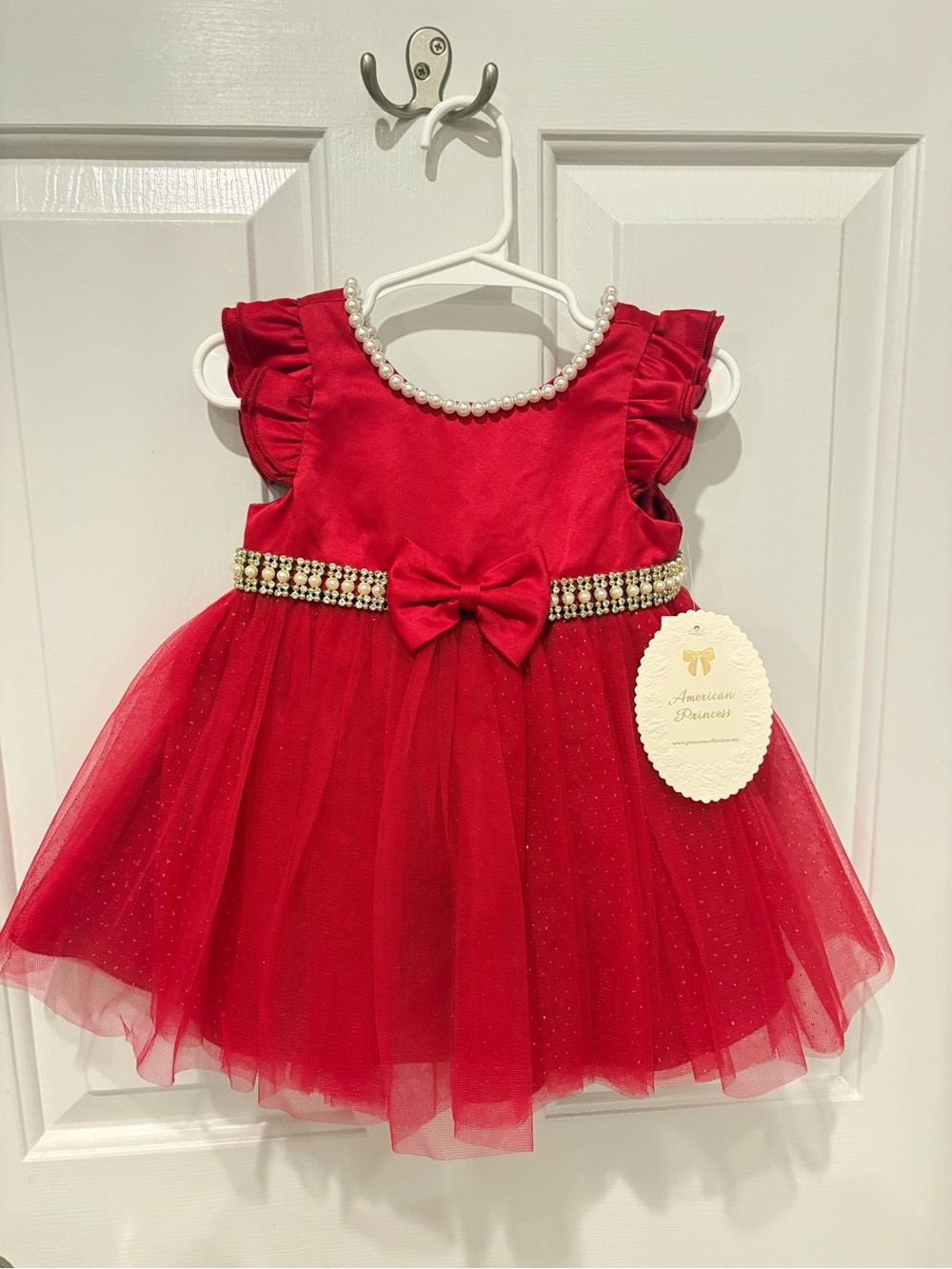 American Princess Red Tulle Party Dress with Pearl Trim and Bow